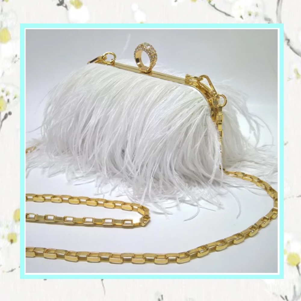 🌸 OSTRICH PURSE FEATHER HARD CLUTCH BAG BOHO CHIC DESIGNER ELITE HANDLE CHAIN